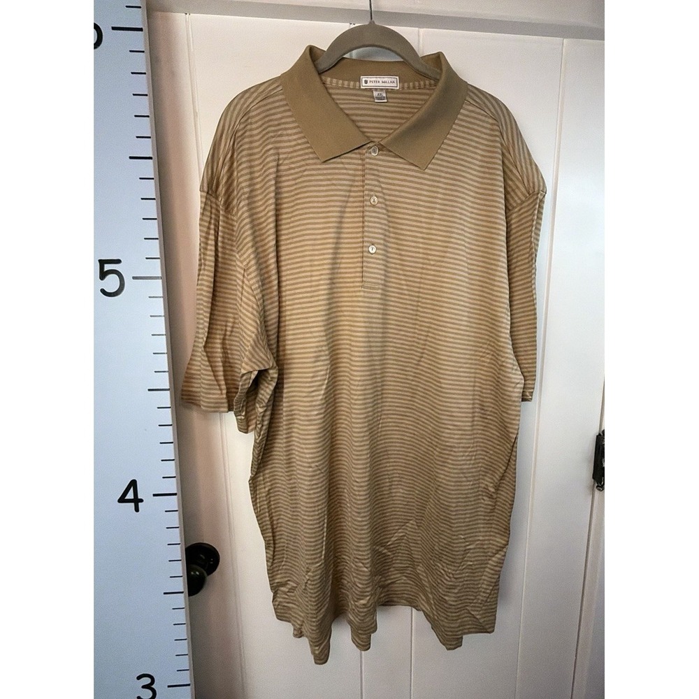 Peter Millar Golf Polo Shirt Mens XXL Tan Striped Cotton Sporty Casual